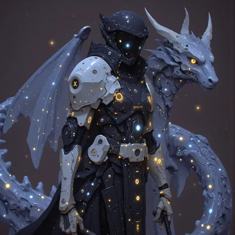 A cybernetic cosmic samurai stands battle-ready on the warship's quantum-core platform, her visor's nebula display tracking potential threats. Emerging from warped spacetime behind her, a crystalline mecha-dragon guardian materializes - its prismatic body ...