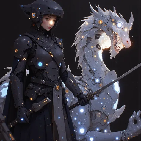 A cybernetic cosmic samurai stands battle-ready on the warship's quantum-core platform, her visor's nebula display tracking potential threats. Emerging from warped spacetime behind her, a crystalline mecha-dragon guardian materializes - its prismatic body ...
