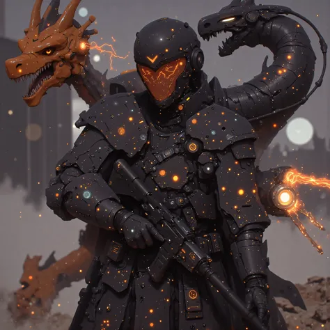 A cybernetic samurai charges across the battleship's quantum-engine array, her space-helm visor blazing with tactical constellations. A fractal-winged mecha ryū erupts from warp-space behind her, its body composed of overlapping energy shields that refract...