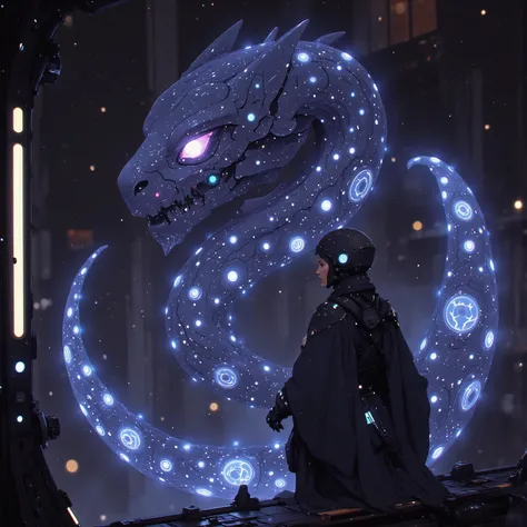 A cosmic warrior stands vigilant on the battleship's glowing observation deck, her space-helm's nebula-reflecting visor scanning tactical horizons. Towering behind her, a semi-transparent mecha ryū guardian shimmers into existence - its serpentine form wov...
