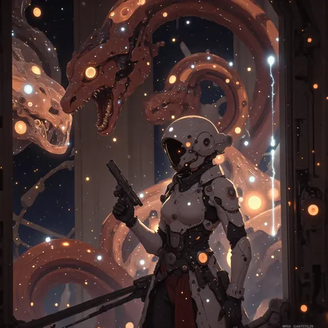A cosmic warrior stands vigilant on the battleship's glowing observation deck, her space-helm's nebula-reflecting visor scanning tactical horizons. Towering behind her, a semi-transparent mecha ryū guardian shimmers into existence - its serpentine form wov...
