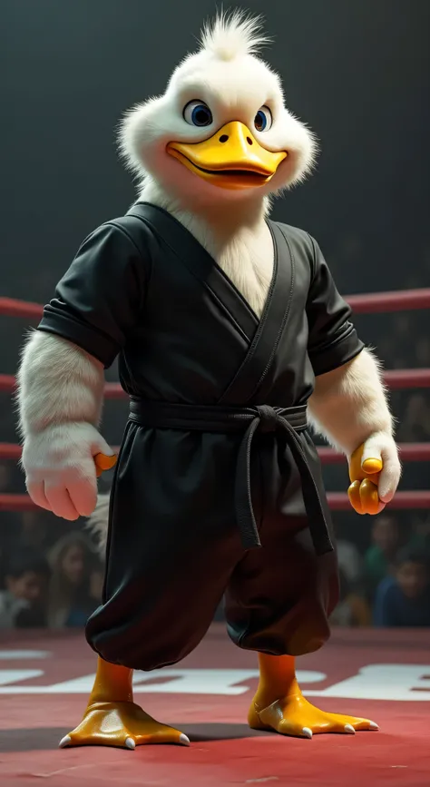 The furry duck enters the ring with confidence, wearing his distinctive black sports uniform with a black belt around his waist, highlighting his well-proportioned athletic body, the soft fur with the movement of his tight muscles. . He begins the fight wi...