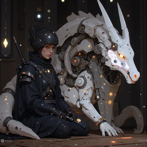 The cosmic warrior kneels in meditation beneath the battleship's warp nacelles, her mechanized limb interfacing with navigation systems. A phantom mecha-dragon guardian phases into existence behind her, its translucent form revealing internal clockwork mec...