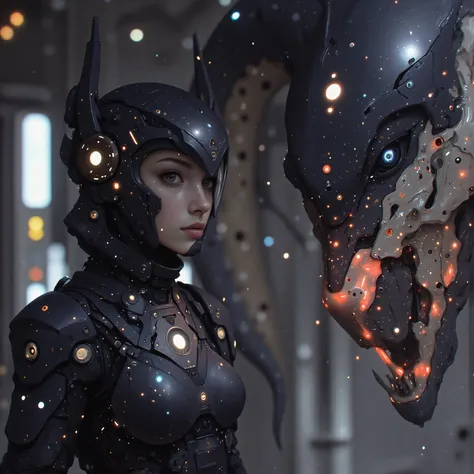 On the pulsating bridge of an interstellar dreadnought, the female samurai's obsidian helm projects tactical holograms across her augmented vision. A serpentine mecha ryū materializes in her wake, its segmented body forged from compressed dark matter and b...