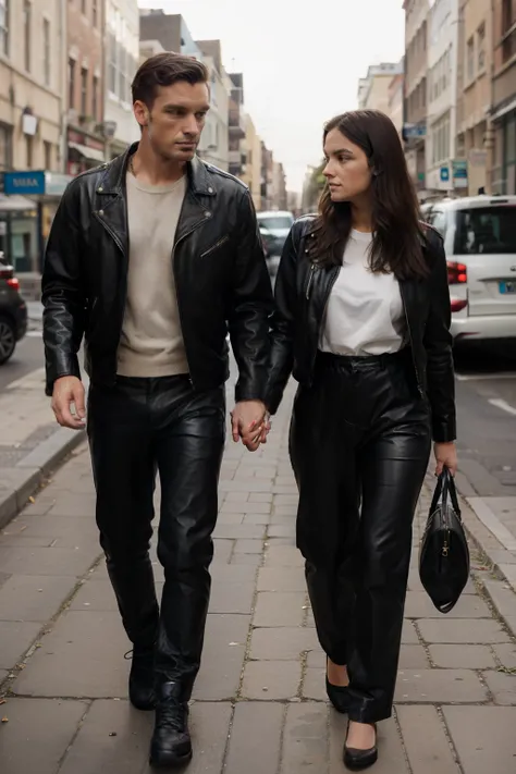 One wears a leather jacket trousers and pets next to his walk along