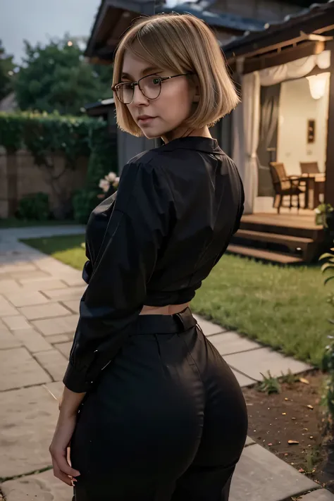 ((best quality)), ((masterpiece)), (detailed), 1girl, 2,round glasses, blonde bob cut to shoulders(shoulder length), black fabric trousers, from behind,black long arm blouse, golden necklace ,looking to the viewer with full face, big round ass(huuuge ass),...