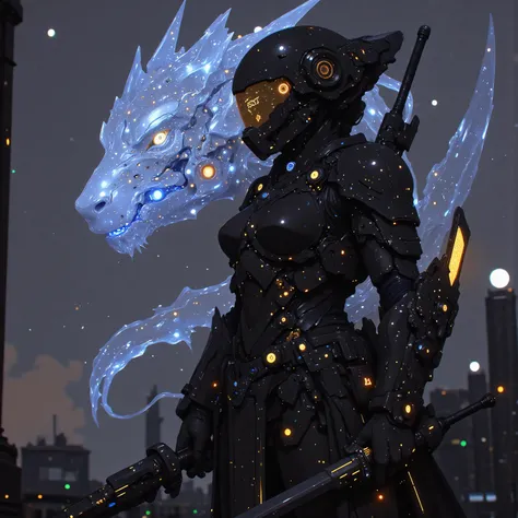 A cybernetic cosmic samurai stands battle-ready on the warship's quantum-core platform, her visor's nebula display tracking potential threats. Emerging from warped spacetime behind her, a crystalline mecha-dragon guardian materializes - its prismatic body ...
