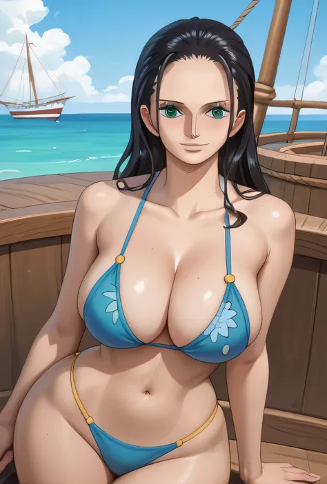 ((NICO ROBIN:1.3)), (Masterpiece), Top Quality, Expressive Eyes, Perfect Face, Front Light, 16th Century, (Outside Background of Wooden Sailing Ship at Sea), (Standing), (Fascinating Look), (Chest cleavage), (1 girl, MILF, Latina), black hair, long black h...