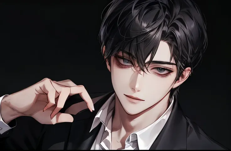 {male}、、{ High definition}、 accurate description 、 handsome、{ dark 눈}、 Twisted Smile 、 shirt 、{一人のmale}、青い shirt 、 casual wear、 Above body 、 black hair, dark , suit,