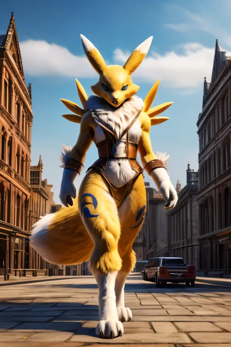 ((macro)), back, wide hips, thick thighs, Renamon, a humanoid fox digimon, stands alone in the scene. The Renamon has soft fur, which is shown in exquisite detail, highlighting its playful and vibrant facial expression and its charming, mischievous eyes. T...