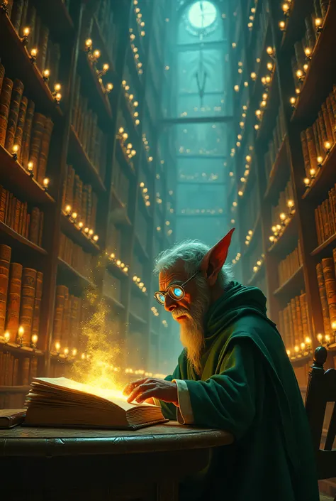 Hyper-realistic, cinematic scene of a massive, dimly lit magical library with floating candles casting golden light. Towering bookshelves stretch into infinity, filled with ancient tomes bound in dragonhide. Glowing magical runes drift through the air, whi...