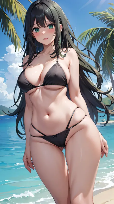 (( top quality、 Hi-Res、 extremely detailed CG Unity 8K wallpaper))、 Adult women ,  green eyes,long blue wavy hair, Medium milk,Embarrassed Laugh,Expose your shoulders,( forward posture to highlight breasts ), sexy and luxurious black swimsuit,(( black pant...