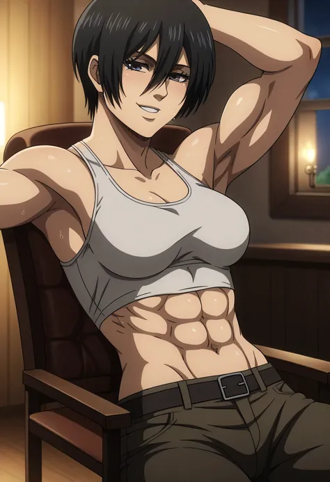 score_9, score_8_up, score_7_up, BREAK source_anime, mikasa ackrman, grey eyes, black hair, short hair, medium breasts,Mikasa wreanig black tight sport Elastic fiber bra and black loose military trousers,mikasa with good looking body,perfect lighting,mi...