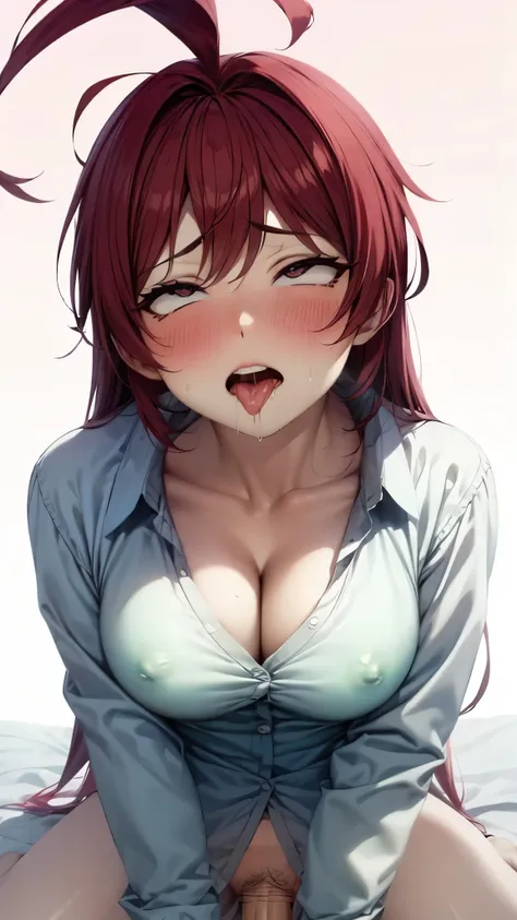 （ Super Quality , Supernatural,16k,super masterpiece,Ultra HD , detailed shading and background,）NSFW, upper body shot from below, sexy girl looking up, long pink hair ,thin, transparent, sexy white shirt, cleavage,下半身は裸,blush,Open your lips a little, droo...