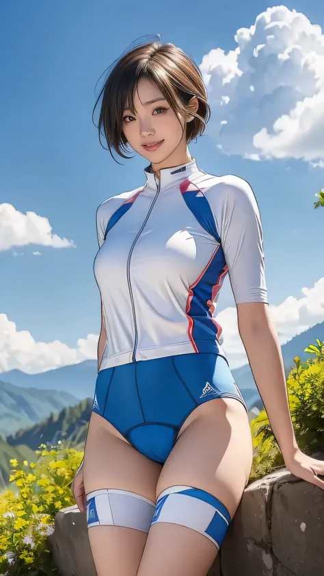  (girl, ,  Same Height  :1.2) , masterpiece，Mountain Biking，Cycling enthusiasts，beautiful girl，Professional clothing， Blue Sky and White Clouds ，8k,  Japanese girl ,  (Smile:0.7), Smile,   extremely short hair  , cameltoe, ( high color saturation :1.0),  (...