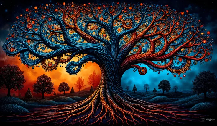 a vibrant, stylized tree with intricate details and colorful patterns. The branches are adorned with circular designs resembling flowers and leaves, blending shades of blue, orange, and red. The background transitions into deeper hues, creating a contrast ...