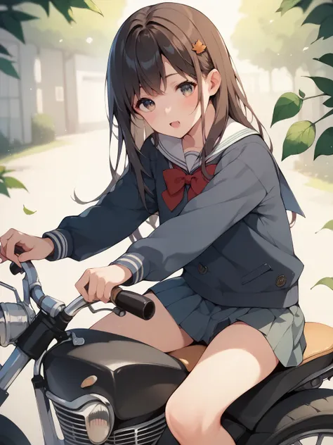  score_9,  score_8_ up,  score_7_ up,  score_6_ up,  score_5_ up,  score_4_ up,  anime，nsfw，  uncensored ，A age girl on a small motorcycle leaves in her school uniform;  Semi-Realistic ，