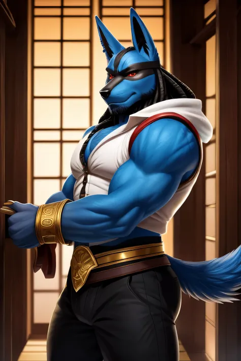 1boy, solo male, male focus, (anthro male, anthro jackal, Lucario, canid, canine), ((wearing black pants, black belt, white sleeveless coat with gold and red accents, brass bracers, gold piercings)), red colors, (blue fur), blue body, black claws, (5 finge...