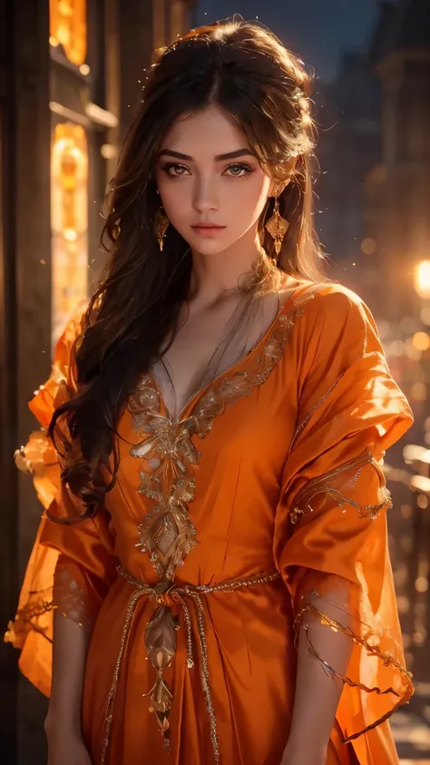 8K ultra hd, masterpiece, best quality, a beautiful girl, long hair, impressive hairstyle, earrings, details eyes, beautiful detailed lips, ((robe dress)), ((orange robe)), ((shining laces)), ((mesh sardine)), realistic colors, magic effect, night city, de...