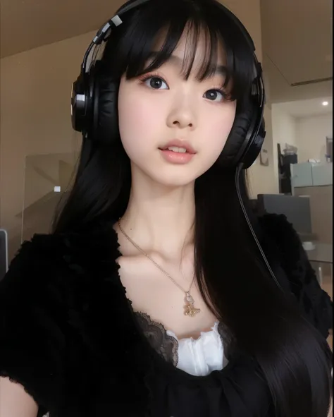 Arafed Asian Woman with Headphones and a Black Dress, ulzzang, cruel korean goth girl, Korean girl,  She has black hair with bangs , wan adorable korean face, Beautiful South Korean woman, Lalisa Manobal, linda Delphine, fofo, young adorable korean face,  ...