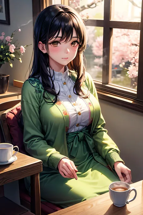 A graceful young lady with long, straight black hair and a calm, traditional aura,(tits),(brown eyes), She wears a pastel green dress with delicate floral embroidery and a light cardigan. The warm glow of the café's soft lighting highlights her gentle expr...