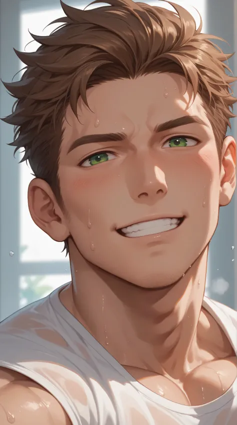 anime,  cartoon,  white muscular man ,  brown hair,  green eyes, Hairstyle tupe , sweating, super fluffy,  masterpiece,  High Quality, Excited to see you, blushing, in love, I want to marry you.