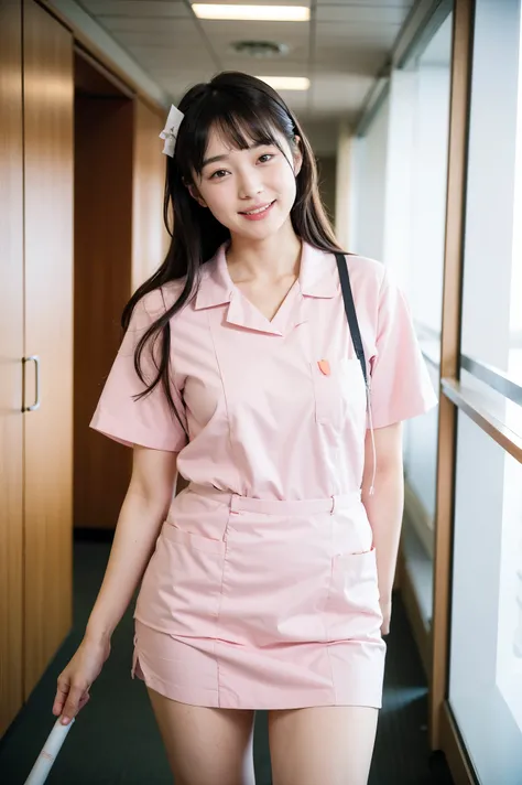 A 20-year-old woman with a face that looks like a cute idol.。 gentle and cute 。With a gentle smile。Her job is a nurse、 nurse uniform　Chest　 miniskirt　Walking the hospital corridors　whole body　whole bodyポートレート　 RAW Photo　Genuine　Realistic Photo　 natural lig...