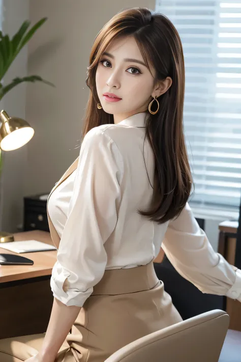 masterpiece、 best quality 、 real 、 very detailed on trends、 with finer details、High Resolution、8k wallpaper、1 beautiful woman、At the office、 Light Brown Disheveled Hair、 perfect dynamic configuration、 beautiful beautiful eyes、 Big Earrings 、 sitting on a c...