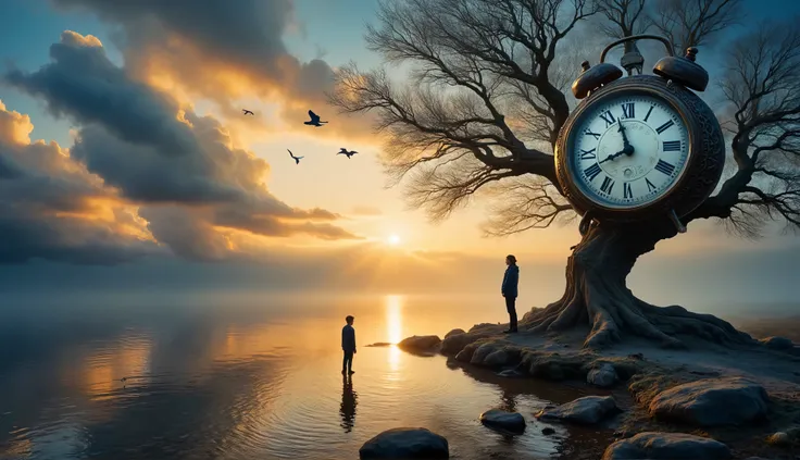 a surreal landscape that blends elements of time and nature. In the foreground, a figure stands near the edge of a tranquil body of water, gazing thoughtfully towards a large, ornate clock that is integrated into a gnarled tree. The clock features intricat...