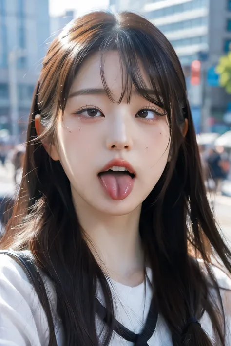 one woman, Japanese actress, (She opens her mouth wide:1.6), she looks up at the sky, (POV:1.2), composition looking down on her, Composition of the camera shooting from above, On the bustling street, in the crowd , Close-up of face , masterpiece, highres,...
