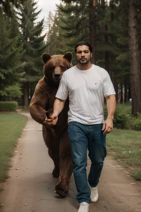 A man walks with a bear