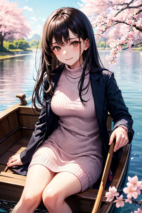 A graceful young lady with long, straight black hair and a calm, traditional aura,((tits)),(brown eyes),A beautiful young woman sits gracefully in a small rowboat on a calm lake surrounded by cherry blossom trees. She wears a light gray long coat over a so...