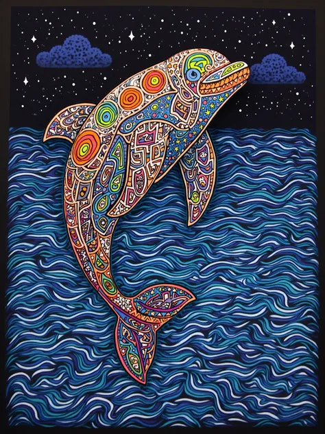 “Painted in a colorful, fantastic and abstract art style、Please draw the front of a dolphin facing here。The background is dark like a deep sea、 colorful light is reflected on the surface of the water and patterns like 、 skyscraper, which creates a fantasti...