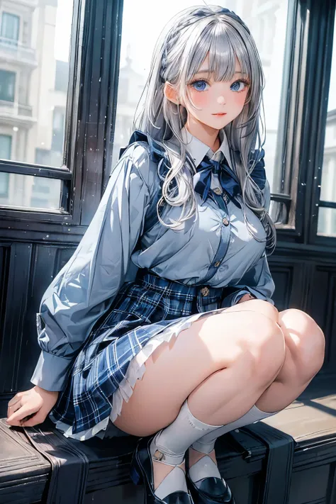 master piece , best quality , ultra detailed , 
( silver Hair:1.3)、(  blue eyes:1.5)、 big breasts, ( anatomically correct:1.2), dark makeup、 eyes symbol 、 happy/joy
//clothes

school uniform, beige cardigan with button-up, collared-shirt, blue ribbon, long...