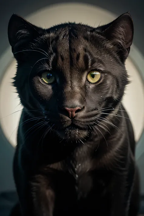  A majestic baby black panther staring at us with a mesmerizing look. Its eyes are the highlight ,  shining brightly with a fascinating mix of light green and yellow-honey ,  reflecting an almost mystical glow .  The panther's coat is soft and well detaile...