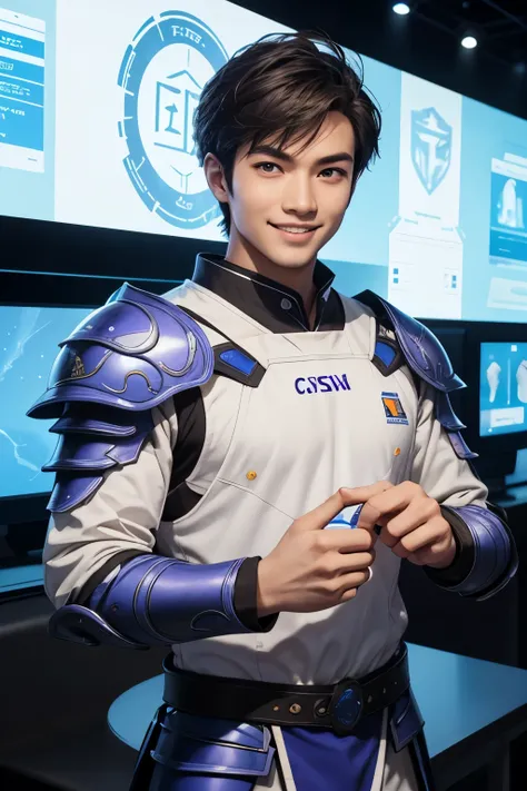 A handsome young Asian white man wearing blue-white armor like Laville in an ROV game, but with a slight Chinese print, smiling. The right hand holds a high-tech phone, the screen has the Capcut logo, showing the screen to the viewer, the left hand pointin...