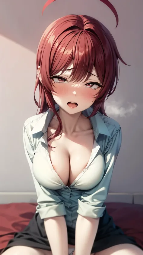 （ Super Quality , Supernatural,16k,super masterpiece,Ultra HD , detailed shading and background,）NSFW, upper body shot from below, sexy girl looking up, long pink hair ,thin, transparent, sexy white shirt, cleavage,Only white panties on the lower half,blus...