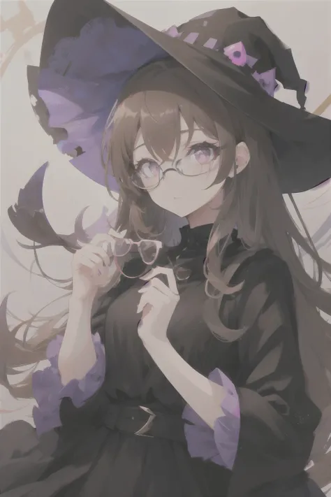 Black witch hat. Long light brown hair. Black witch dress. Odd Eye. Pink eyes. Purple eyes. Glasses. Woman. 