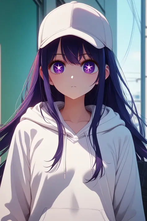 A Ai hoshino as a big ass student huge boobs, long hair, bangs, purple eyes, purple hair, symbol-shaped pupils, in a tight uniform in a school, hood, hoodie, long sleeves, white hoodie, hat, baseball cap,