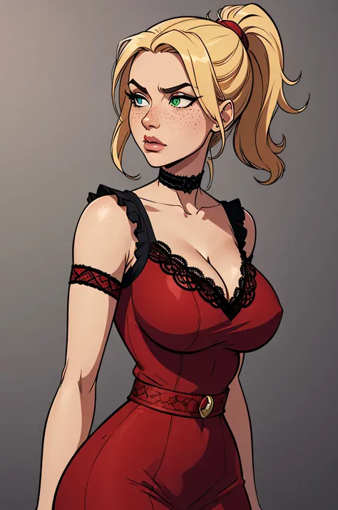 ( absurd,  High quality, ultra detailed,  be careful with your hand)  close up of an athletic, thin and curvy woman (Scarlett Final Fantasy), 25 years, 8k (( High Definition)),  serious face ,  Seductive look,  green eyes, nose fine,  wearing a red dress  ...