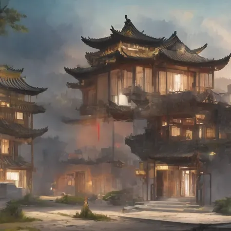 （（（watercolor））））landscape，buildings in a city with a pagoda in the middle of the city, cyberpunk chinese ancient castle, watercolor，stylized urban fantasy artwork, dreamy chinese town, concept art ， highly rendered, game art matte painting, matte painting...