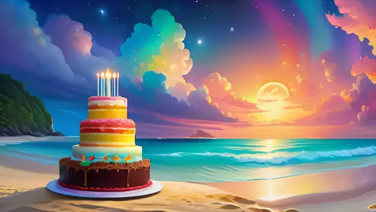 (  Best Quality , 8,000, high resolution, masterpiece:1.2), Dramatic Lighting , A bright beach on an amazing cake ,Full Moon, HP Lovecraft style , Adorable ornaments ,Beautiful, detailed, Dramatic Lighting ,High saturation，， This painting can have a dreamy...