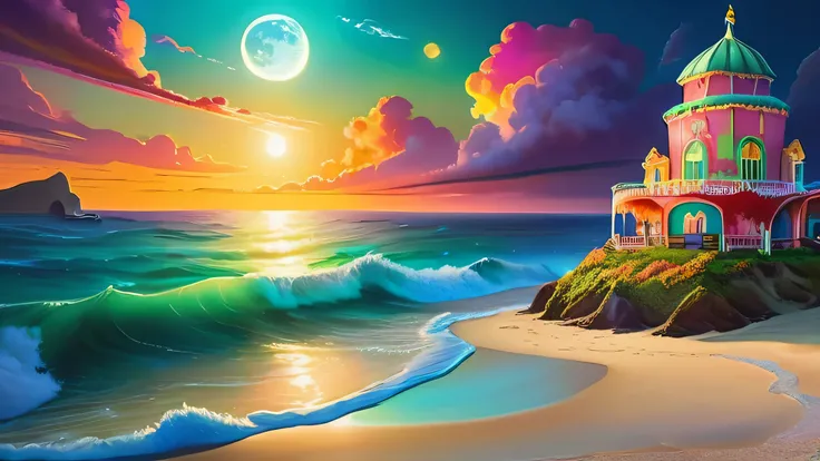 (  Best Quality , 8,000, high resolution, masterpiece:1.2), Dramatic Lighting , A bright beach on an amazing cake ,Full Moon, HP Lovecraft style , Adorable ornaments ,Beautiful, detailed, Dramatic Lighting ,High saturation，， This painting can have a dreamy...