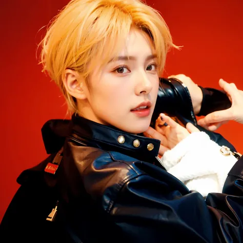 Blonde haired man in black leather jacket holding a cell phone, Cai Xukun, Kim Doyoung, jia, Jung Jaehyun, All of the NCT group, Sha Xi,  Inspired by Bian Shoumin , ten Lee, hyung tae,  yanjun chengt , kanliu666 , inspired by Yanjun Cheng, Steven Jung, Ret...