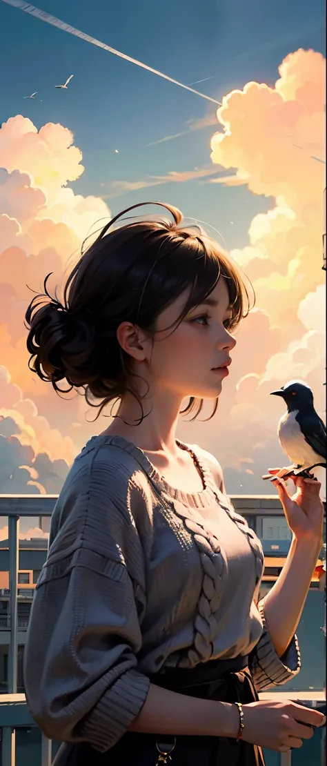 (Best Quality,4K,8k, high resolution on down,masterpiece:1.2), The girl in the cloud has fluffy hair like a cloud.,Birds flying in the sky，Soft sweater，Little Star,  fantasy illustration, Colors of Dreams,  s&#39;Illustration style. bright colors,(Ample Bu...