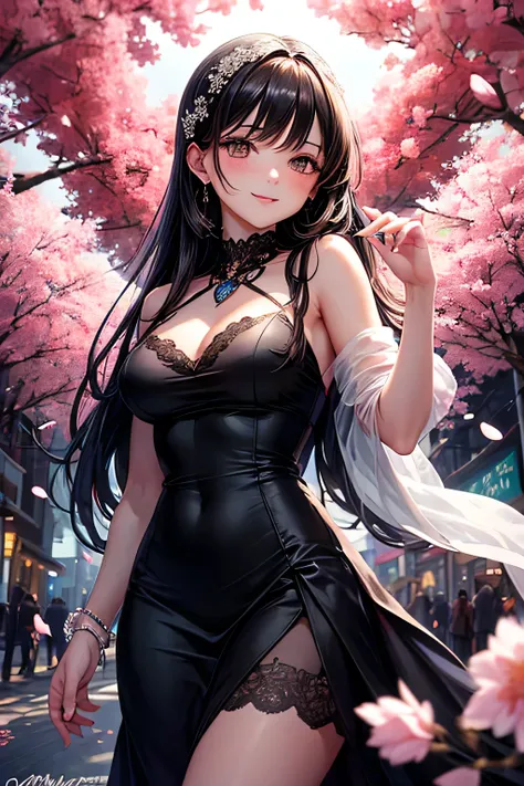 A graceful young lady with long, straight black hair and a calm, traditional aura,(tits),(brown eyes),smile, stands beneath a canopy of glowing cherry blossoms at night. She wears a chic black dress with an elegant pale pink shawl draped over her shoulders...