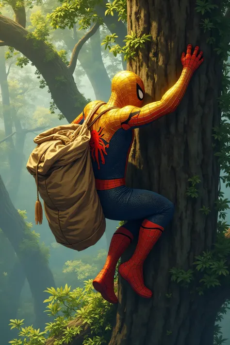 Draw a picture of Spiderman in a Gold costume, climb the big tree. with tote a suck of the clothes.