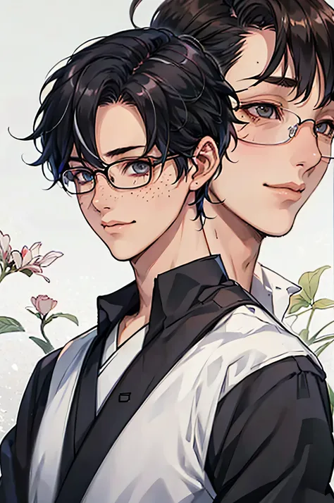 Male, shoulders and up view, pale skin, glasses, short messy black hair with white streak, awkward smile, braces, black classic Japanese male school uniform, thin eyes, beautiful brow eyes, freckles on face, one person, one boy