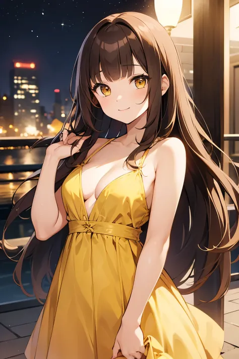 1girl, ((medium-small breasts)), light smile, long hair, blunt bangs, brown hair, hazel eyes, yellow eyes, nighttime, yellow dress, cleavage,