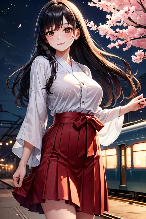 A graceful young lady with long, straight black hair and a calm, traditional aura,(tits),(brown eyes),smile,stands near a train station, her long black hair gently swaying in the evening breeze. She wears a stylish blend of modern and traditional fashion—a...